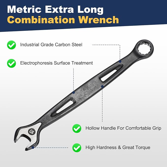 HARFINGTON 2pcs Combination Wrench 10mm Metric Extra Long 12-Point Box and Open End Carbon Steel Double Ended Industrial Grade Spanner for Automotive Furniture Machinery DIY Repair, Black