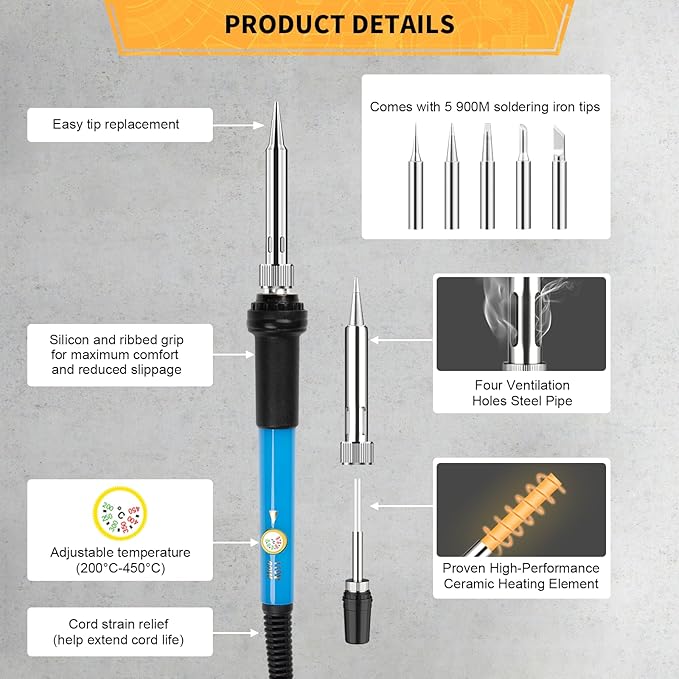 Soldering Iron Kit Electronics, 60W Adjustable Temperature Welding Tool, 5pcs Soldering Tips, Desoldering Pump, Soldering Iron Stand, Tweezers