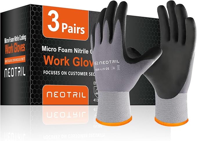 NEOTRIL Safety Work Gloves MicroFoam Nitrile Coated-3/6/12/36 Pairs,Breathable Nylon Working Gloves for Men Women