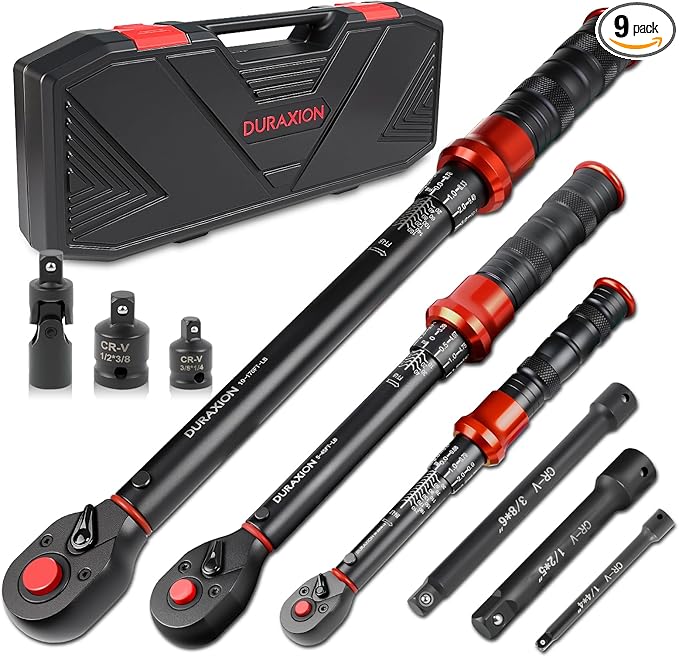 9PCS Torque Wrench Set 1/4", 3/8", 1/2" Drive Click Torque Wrench (20–220 in-lb, 5–45 & 10–170 ft-lb) 72-Tooth Dual-Range, ±3% Precision Adjustable Torque Wrenches for Bike, Moto, Car Repair and Maint