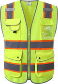 JKSafety 9 Pockets Hi-Vis Neon Yellow Color Zipper Front Safety Vest with Fluorescent Orange Extend Edge outlining the Reflective Tapes Meet ANSI/ISEA Class 2 Standard (901-Yellow, XX-Large)
