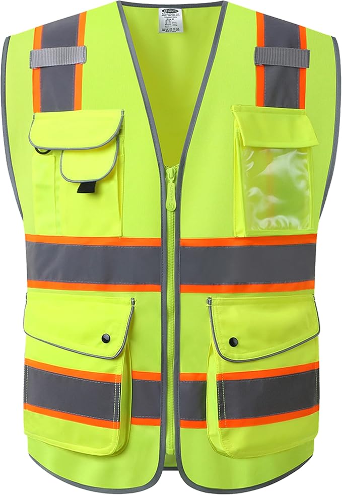 JKSafety 9 Pockets Hi-Vis Neon Yellow Color Zipper Front Safety Vest with Fluorescent Orange Extend Edge outlining the Reflective Tapes Meet ANSI/ISEA Class 2 Standard (901-Yellow, XX-Large)