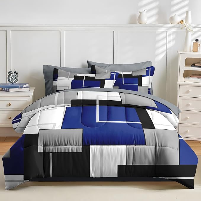 Nesker Comforter Set Twin Size, Blue Black Geometric 5 Pcs Bedding for Kids and Adults, Abstract Modern Grey Bed Sheet Sets with Fitted Sheet Pillowcase & Sham