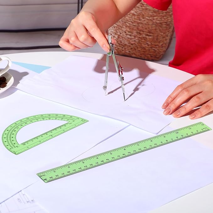 Zonon 3 Pcs Plastic Ruler 6 Inch Protractor Drawing Compass Set, Student Geometry Math Transparent Measuring Tools for Home School Classroom Office Supplies(12 Inch,Green)