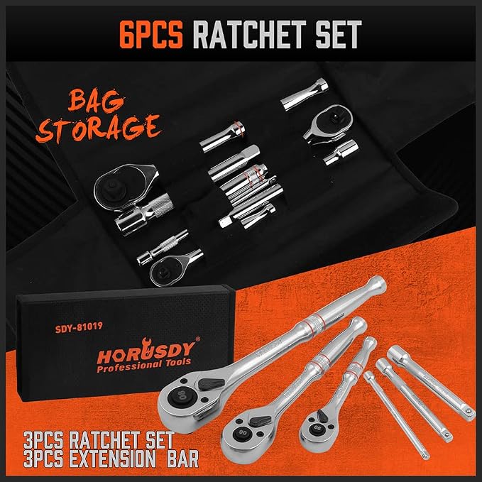 HORUSDY 3-Piece Ratchet Set, 1/4” 3/8”, 1/2" Drive Ratchet Handle Set, 90-Tooth,CR-V, Quick Release Ratchets