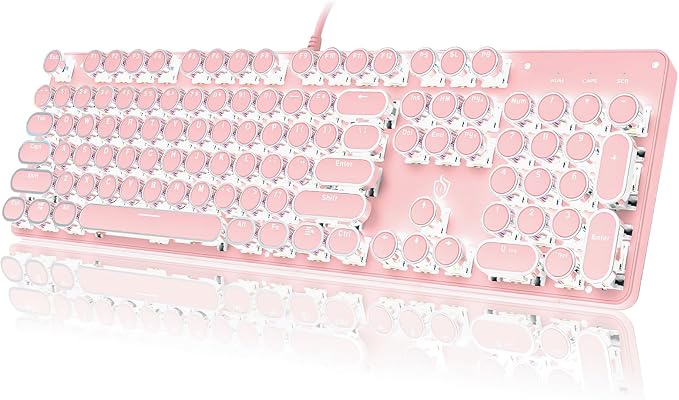 YSCP Typewriter Style Mechanical Gaming Keyboard White Backlit Wired with Blue Switch Retro Round Keycap 104 Keys Keyboard (Pink)