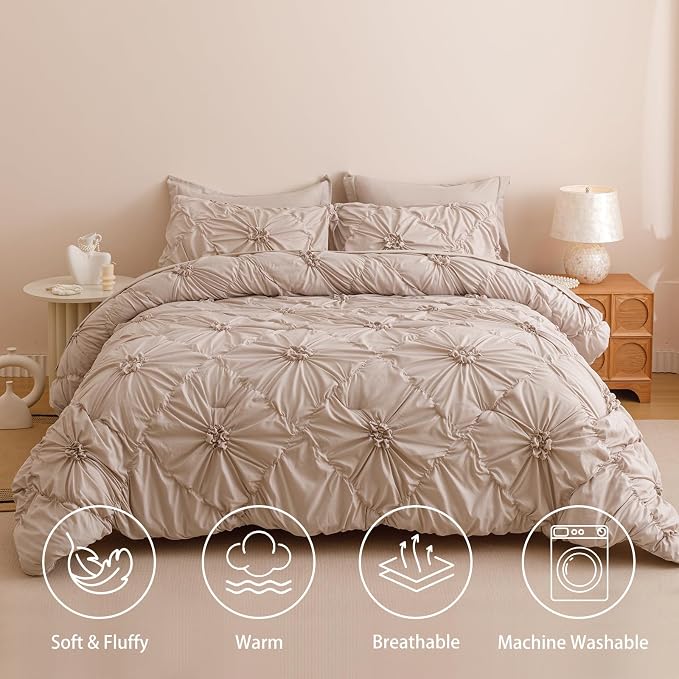 Nttopship Khaki King Comforter Set - 7 Pieces Bed in a Bag, Premium Comforters King Size Bed Set Pintuck Pinch Pleat Complete Comforter Set with Flat Sheet, Fitted Sheet and Pillowcases,Khaki