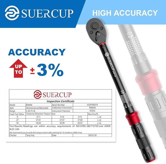 SUERCUP 3/8-Inch Drive Click Torque Wrench - 5-45 Ft-Lb/6.8-61Nm, Dual-Direction Adjustable 72 Tooth Click Torque Wrench for Bike, Motorcycle and Car Repair