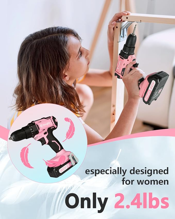 Cordless Drill Driver Set 20V Power with Battery Charger and Carrying Case, 25+1 Torque Electric Drill, Variable Speed, 266 In-lb, 3/8'' Keyless Chuck, 34pcs Driver Bit, for Women, Pink