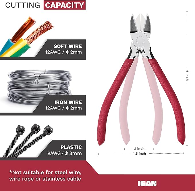 IGAN-P6 Wire Cutters (Pack of 2), 6-inch Ultra Sharp & Powerful Side-cutting Pliers with Longer Flush Cutting Edge, Ideal Wire Cutter for Crafts, Floral, Electrical & Any Clean Cut Needs