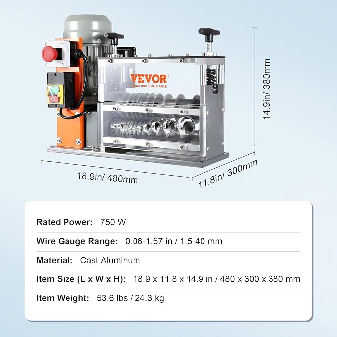 VEVOR Electric Wire Stripping Machine, 0.06''-1.57'' Automatic Wire Stripper Machine, 750 W, 98 ft/min Wire Stripper with Visible Stripping Depth Reference, 10 Channels Electric Wire Strip Machine