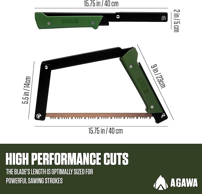 AGAWA - BOREAL15-15 Inch Folding Saw with All-Purpose Saw Blade - Camping Gear For Hiking, Fishing, Hunting, Bushcraft & Survival Kit (Black Frame/Green Handle)