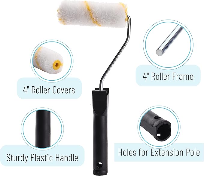 Bates- Paint Tray Set, 6 pcs, 4-Inch Paint Roller Kit, Small Paint Roller Paint Brush