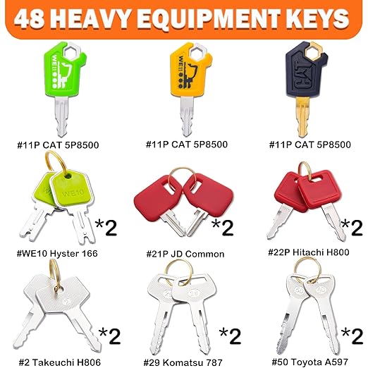 48 Multi Type Heavy Equipment Master Key Set for CAT Caterpillar Hyster John Deere Komatsu Volvo Kubota JCB Case Ford Holland Hitachi Yanmar Takeuchi Terex Construction Equipment Machinery