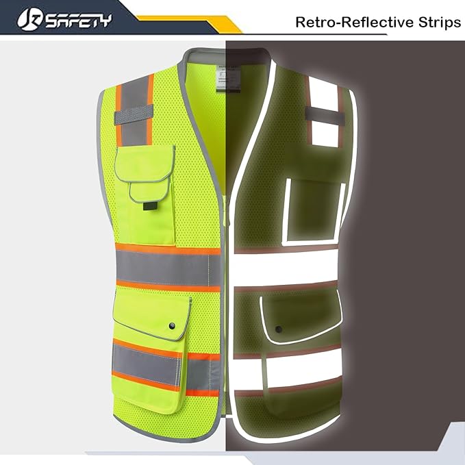 JKSafety 9 Pockets Hi-Vis Safety Vest Breathable Mesh Fabric Cushioned Collar Work Utility PPE Lightweight Industrial Work Gear ANSI/ISEA compliant (101-Yellow L)