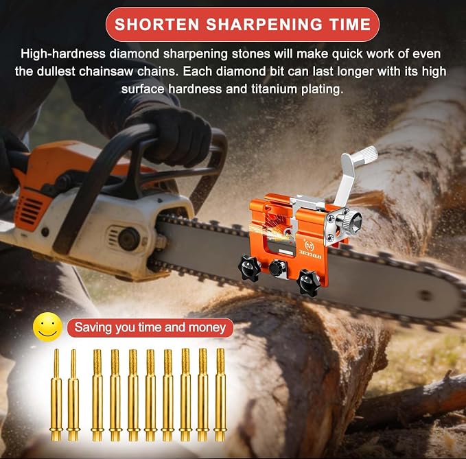 Portable Manual Chainsaw Sharpener Jig Kit, Chainsaw Sharpener Tool with 10 High Hardness Titanium Plated Diamond Bits Chain Saws Blade Sharpener Chainsaw Accessories fit for 4"-22" Chain Saw