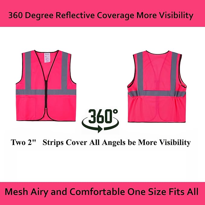 Pink Safety Vests 10 Pack - Reflective High Visibility Construction ANSI Class 2 Work Vests for Men,Woman with Zipper,Hi Vis Mesh and Neon Silver
