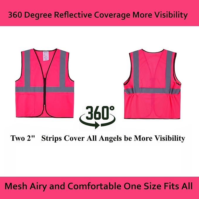 Pink Safety Vests 10 Pack - Reflective High Visibility Construction ANSI Class 2 Work Vests for Men,Woman with Zipper,Hi Vis Mesh and Neon Silver