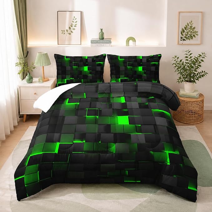 Nttopship Geometric Green Black Comforter Set,Light Honeycomb 3 Piece Bedding Set Queen Size for Teen Boys,Modern Quilt Set Geometry Decor,Microfiber Lightweight 1 Comforter 2 Pillowcases All Season