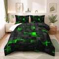 Nttopship Geometric Green Black Comforter Set,Light Honeycomb 3 Piece Bedding Set Queen Size for Teen Boys,Modern Quilt Set Geometry Decor,Microfiber Lightweight 1 Comforter 2 Pillowcases All Season