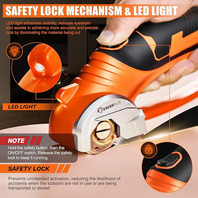 SakerPlus Cordless Electric Scissors, 4V Cardboard Cutter, Box Cutter Fabric Scissor with Safety Lock & LED Light, Rechargeable Power Rotary Cutters for Box Carpet Fabric Plastic Leather