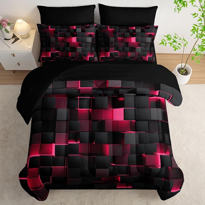 Nttopship Geometric Pink Black Twin Comforter Set,Light Honeycomb Bedding Set 7 Piece in A Bag,Bed Sheet Set Geometry Decor,Microfiber Lightweight All Season