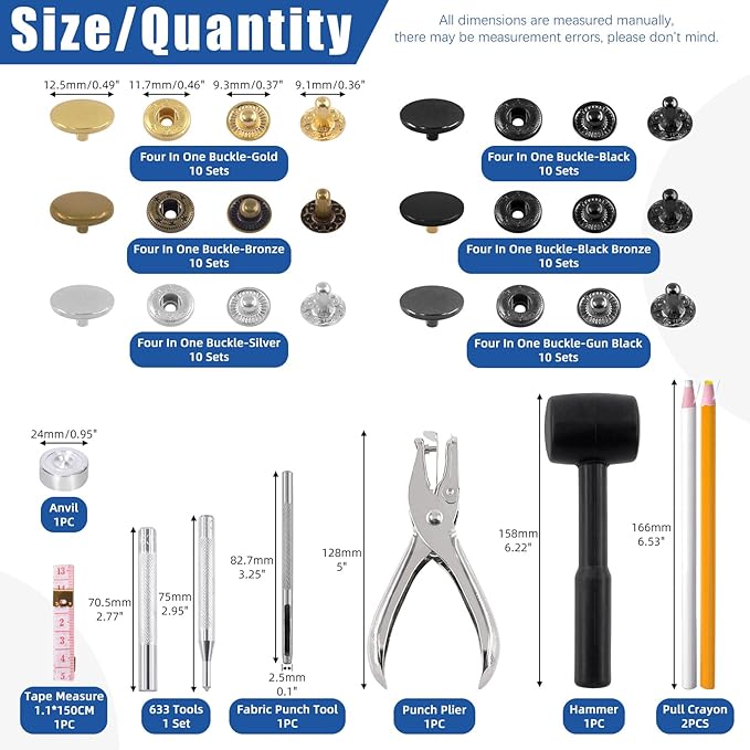 Glarks 60 Sets Leather Snap Fasteners Kit, 12.5mm 6 Colors Metal Snap Buttons Press Studs with 8Pcs Hole Punch, Hammer, Setting Tools, Grease Pencils and Tape Measure for DIY Leather Craft