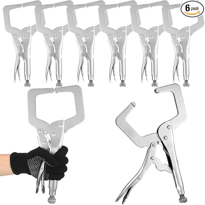 Yexiya 6 Pcs 11 Inch Locking C Clamp Original Lock Regular Tips Plain Adjustable Alloy Steel Locking C Clamp for Woodworking Carpentry Welding Electrical Equipment, Silver