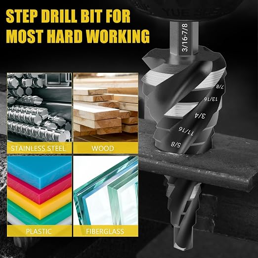 5 Pcs Four Spiral Flute Step Drill Bit Set & 6 Pcs Countersink Drill Bits with Tool Box, Nitriding HSS Drill Bits for Metal, Aluminum, Wood, Plastic