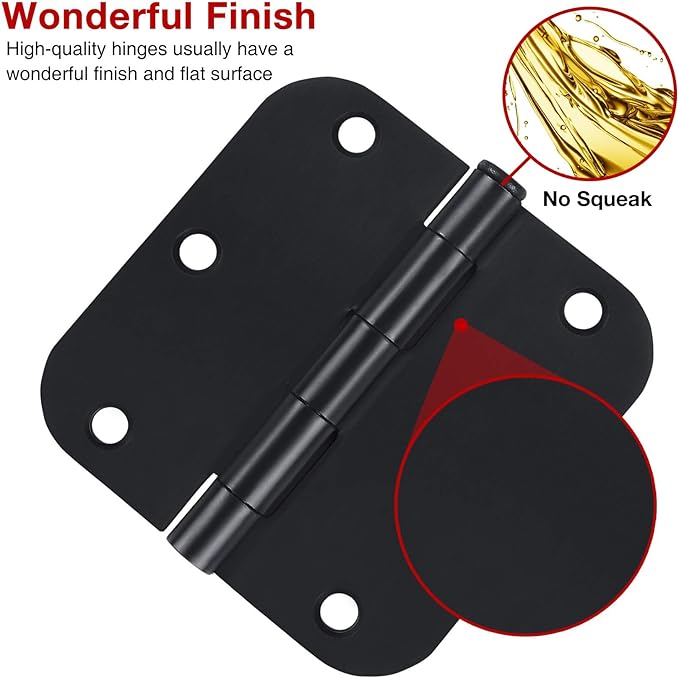 40 Pack Black Door Hinges 3-1/2" x 3.5 Inch, 5/8 Radius, 3 ½" No Squeak,Round Matte Black Interior Hinge for Closet Doors Office Game Bed Room,Door Hardware for House