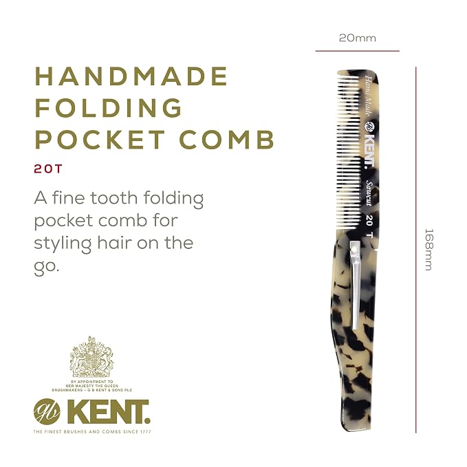 Kent 20T TW Handmade Folding Pocket Comb for Men, Fine Tooth Hair Comb Straightener for Everyday Grooming Styling Hair, Beard or Mustache, Use Dry or with Balms, Saw Cut Hand Polished, Made in England