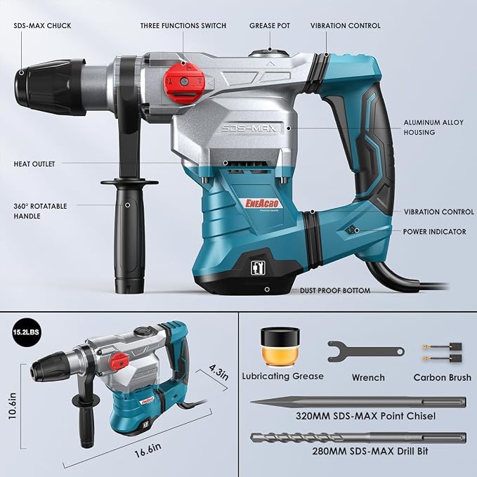ENEACRO SDS-Max Heavy-Duty Rotary Hammer Drill, 9 Ft.lbs, 3 Functions | Safety Clutch & Vibration Control, 1-9/16" Drilling Capacity in Concrete, Includes Chisel, Includes Drill Bit