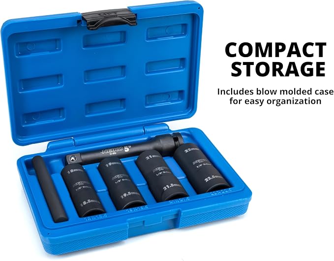 NEIKO 02290B Lug Nut Socket Set, 1/2” Impact Thin Wall Flip Socket Set, Half Size Wheel Socket Set, Metric 6 Point, 5" Extension Bar & Knockout Bar, 18.5mm, 19.5mm, 21.5mm, and 22.5mm