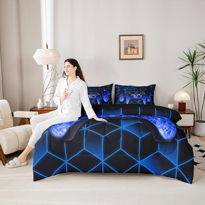 Game Consoles 7 Piece Comforter Set Full Bed in a Bag,Neon Geometric Bedding Set,3D Geometric Gamer Comforter and Sheet Set Blue Flame Bed Set,Gaming Decor for Boys Bedroom Decor Gamer Gifts