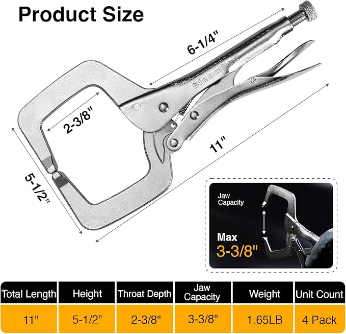 11" Locking C-Clamp Pliers, 3-3/8" Max Jaw Opening & 2-3/8" Throat Depth, 900 Lbs Heavy Duty Clamping Force, Heat-Treated Alloy Steel with Nickel Plating for Welding & Woodworking 2 Pack