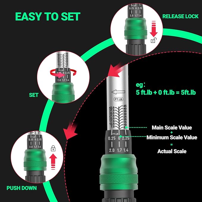 3-Piece Torque Wrench Set - 3 Click Wrenches (1/4", 3/8", 1/2") with 3pc Extension Bars, 72-Tooth Ratchet, ±3% Accuracy, for Automotive, Motorcycle & E-Bike