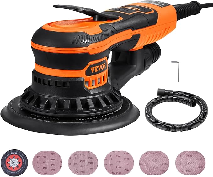 VEVOR Random Orbital Sander 6-Inch, 350W Brushless Orbital Sander, 10,000 PRM 6 Variable Speed Electric Palm Sander with 10PCS Sandpapers, Dust Connector & Hose for Woodworking Detailing Sanding