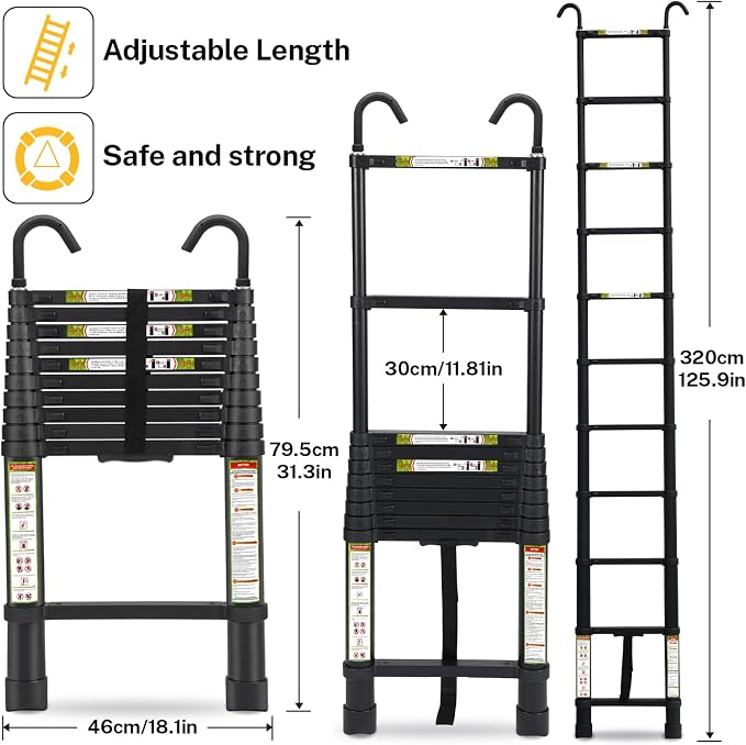 RIKADE Telescopic Ladder, 10.5 ft Aluminum Telescoping Ladder with Non-Slip Feet and Stable Hook, Portable Extension Ladder for Household and Outdoor Working, Max Load 330 lb, Black