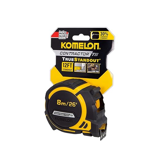 Komelon 26-Ft/8m Contractor TS Wide Blade Tape Measure with Backside Printing, Manual Lock, Long Standout (93425IM)