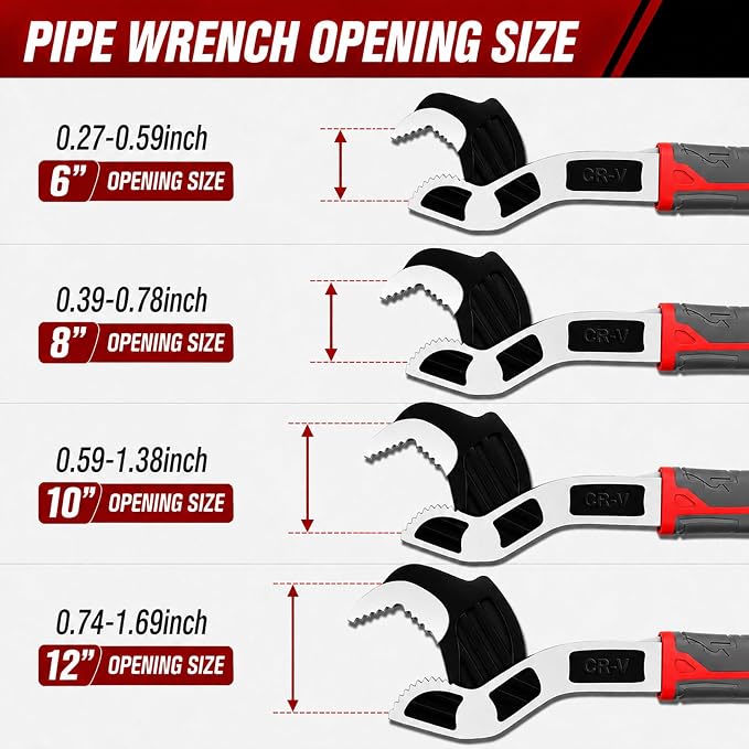 Self Adjusting Pipe Wrench, 4 Pcs Self locking Wrench, 6 8 10 12 Inch Pipe Wrench Set, Plumbing Wrench for 0.27“-1.7”(7-43mm) Pipe Fittings and Nuts, Chrome Vanadium Alloy Steel