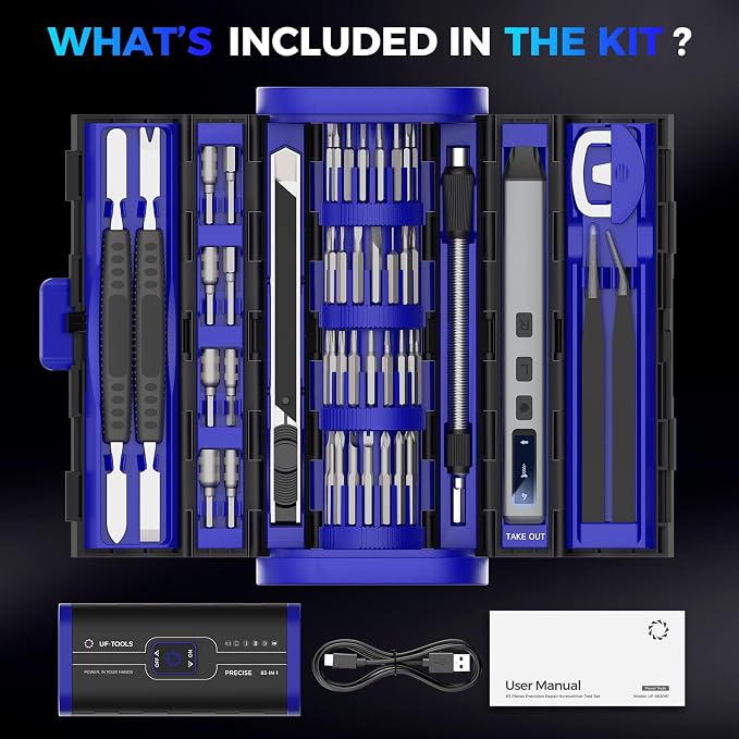 UF-TOOLS Mini Electric Screwdriver, 83 in 1 Cordless Rechargeable Small Power Screwdriver Set with 71 Bits, Led Light and Magnetic Mat, Professional Repair Tool for Phone Watch Camera Laptop PC, Blue