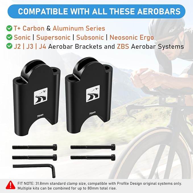 Aerobar Riser Kit Compatible with Profile Design Aero Bars, 70mm Height Adjustment for More Comfortable Aero Position, 31.8mm Clamp Fits Sonic Ergo, Supersonic, T+, J Series & Subsonic