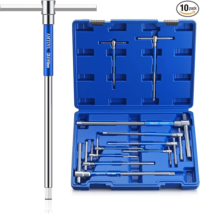 AMTOVL T-Handle Hex Allen Wrench Set - Metric, 10 Pcs 2mm-10mm | 3 Way T-Handle Allen Key Set Sliding Handle, Chrome Vanadium Steel, with Carry Box, for DIY Mechanicsand Bicycle Enthusiasts