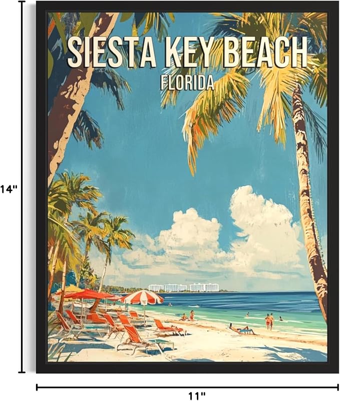 Siesta Key Beach Florida Black Framed Wall Art Print Poster, US Vintage Retro Beach Scenery Posters Prints for Restroom Home Picture Painting Artwork Gallery 219 (Siesta Key Beach Florida, 14"L x 11"W, Black Frame)