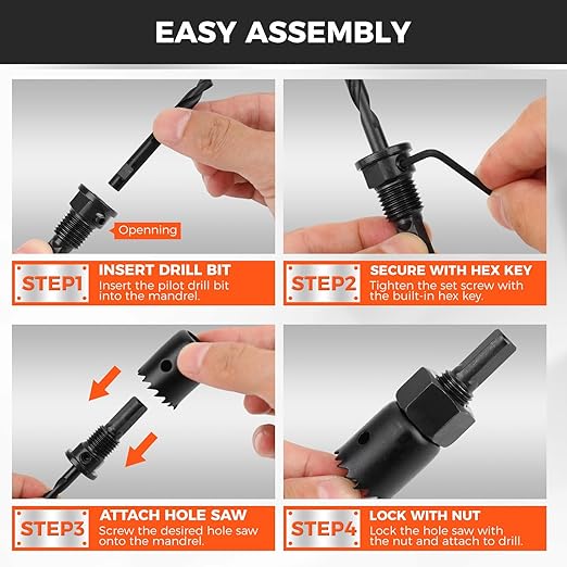HORUSDY 8PCS Hole Saw Kit, 1"–2-1/8" (25–54mm), with 2 Pcs Drill Bits, Mandrel & Hex Key, Smooth Cut, DIY-Friendly Set for Soft Wood, Plywood, PVC