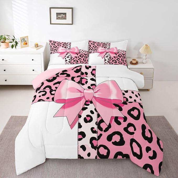 Feelyou Leopard Print Comforter Set King Size Leopard Bow Bedding Set for Kids Boys Girls Animal Fur Duvet Quilt Bedroom Decor Microfiber 3 Pcs with 2 Pillow Cases