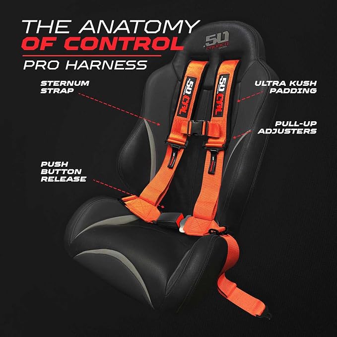1pc 50 Cal Orange 4 Point Harness 2in Straps, Racing Harness Seat Belt | Ultra Kush padding, Push Button quick release hardware. Universal Fit for UTV, RZR, race car.