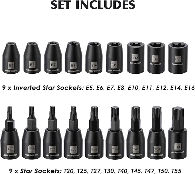 MIXPOWER 3/8'' Drive Master Impact Socket Set, 87-Piece Deep & Standard SAE and Metric,CR-MO, 1/4-Inch to 3/4-Inch and 6-19 mm, Impact Universal Sockets, Inverted Star Sockets, Extension Bar & Adapter