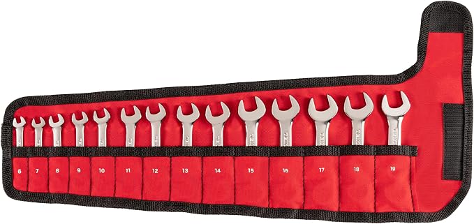 TEKTON Stubby Combination Wrench Set, 14-Piece | WCB94402 | (6 - 19 mm), Wrench Roll, Chrome Finish