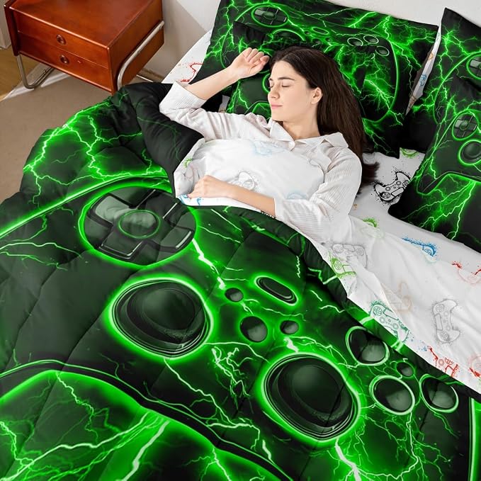 Gamer Queen Comforter Set with Sheets, Gaming 7-Piece Bedding Set Video Game Console Bed in a Bag, Green Lightning Room Decor,Boys Bedroom Decor